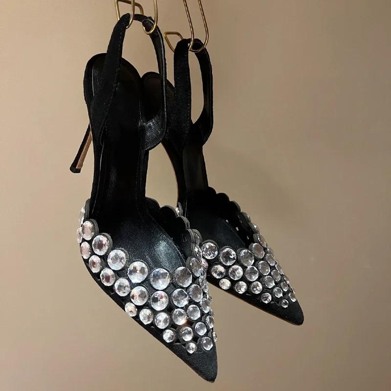 Rhinestone Decoration Multi-colored Hollow Stiletto Glitter Crystal Sandals Pointed Sandals Wedding Luxury High Heel Women Shoes