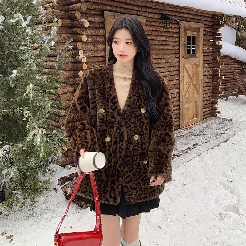 Autumn and winter thickened new fluffy leopard print short temperament fur integrated imitation mink fur fashion coat