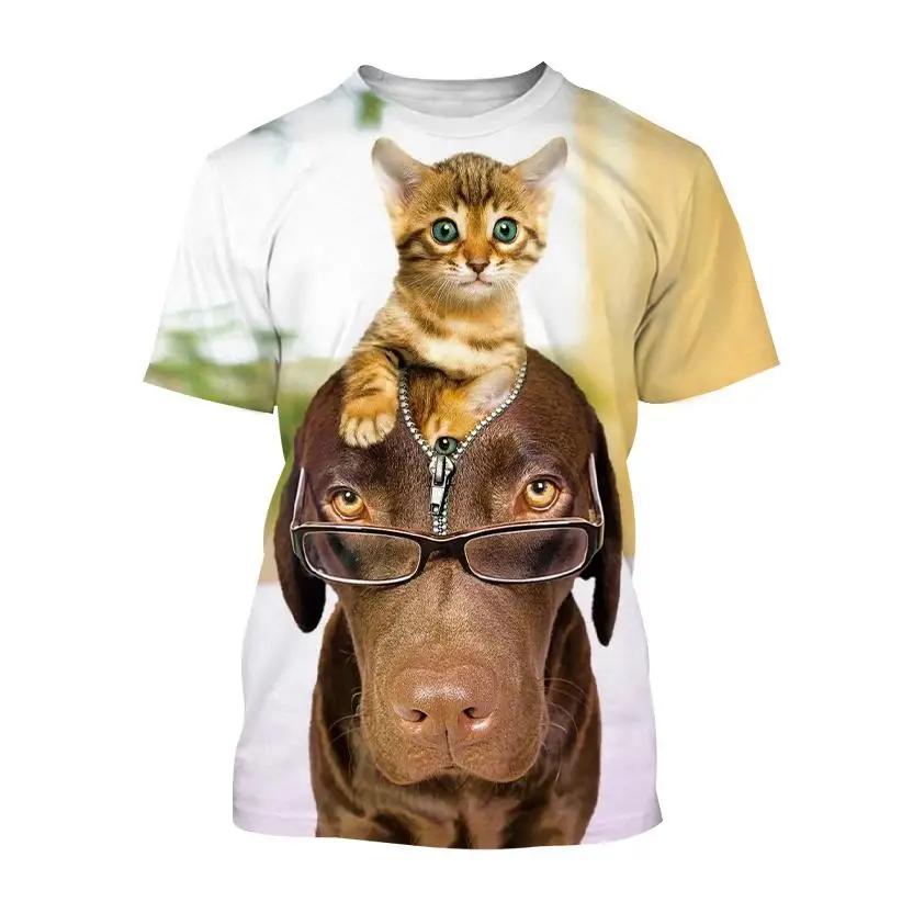 

Breathable Thin T-shirt Girl And Boy Cat And Dog Print Cute Animal Pet Pattern Casual Street Clothing Summer O-neck Kids Top 100