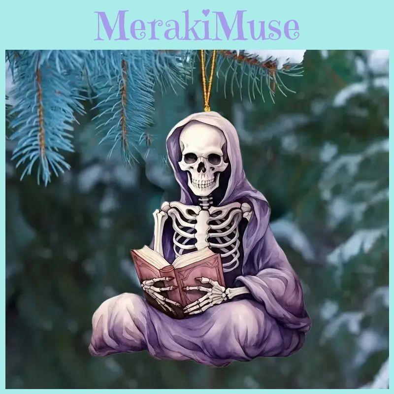 Flat Halloween Acrylic Surface Pendant With Reading Skeleton Design For Decor