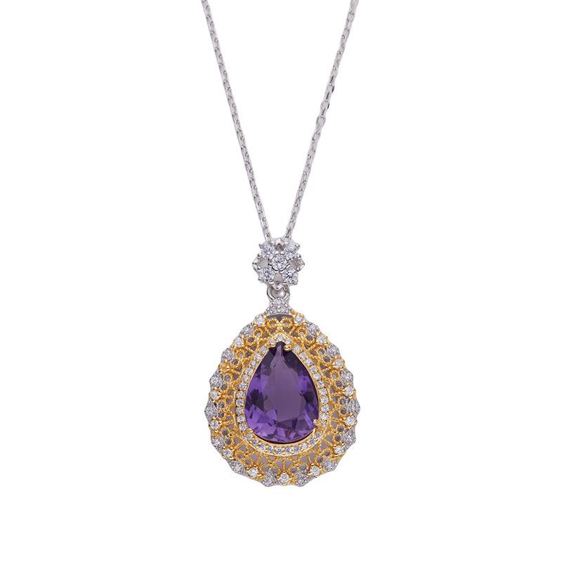 

Vintage Hollow Atmosphere S925 Sterling Silver Inlaid With Large Natural Amethyst Topaz Colored Treasure Pendant Necklace Women
