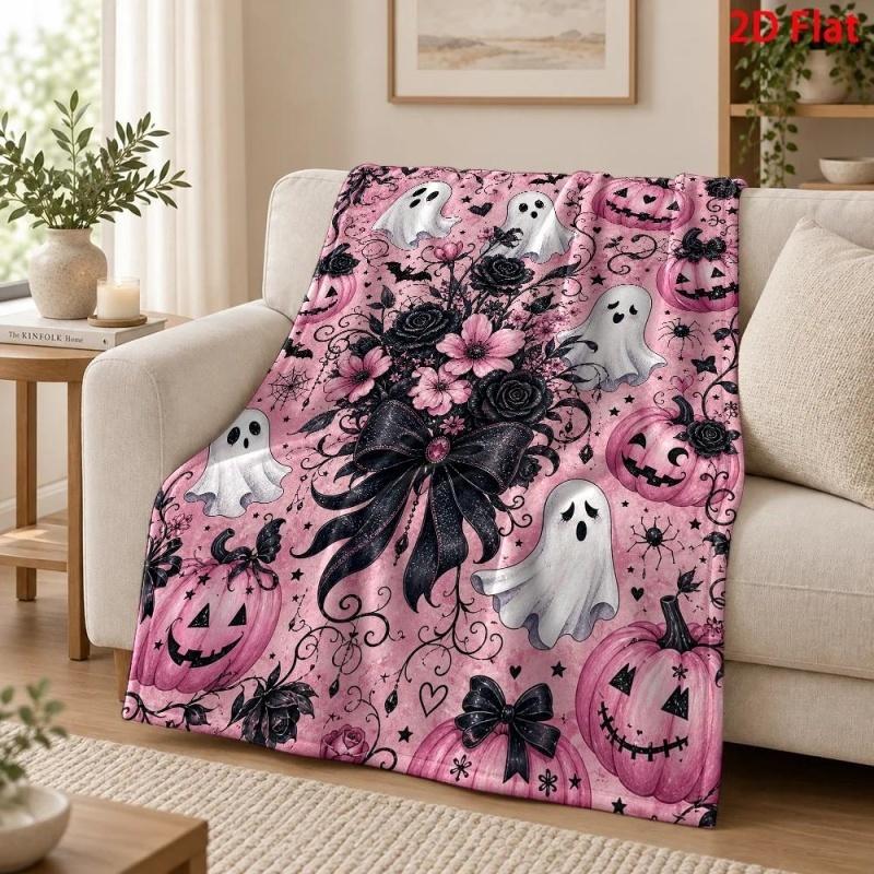 Pink Background Ghost Pumpkin Black Rose Bow Print Throw Blanket, Soft Halloween Home Textile for Living Space