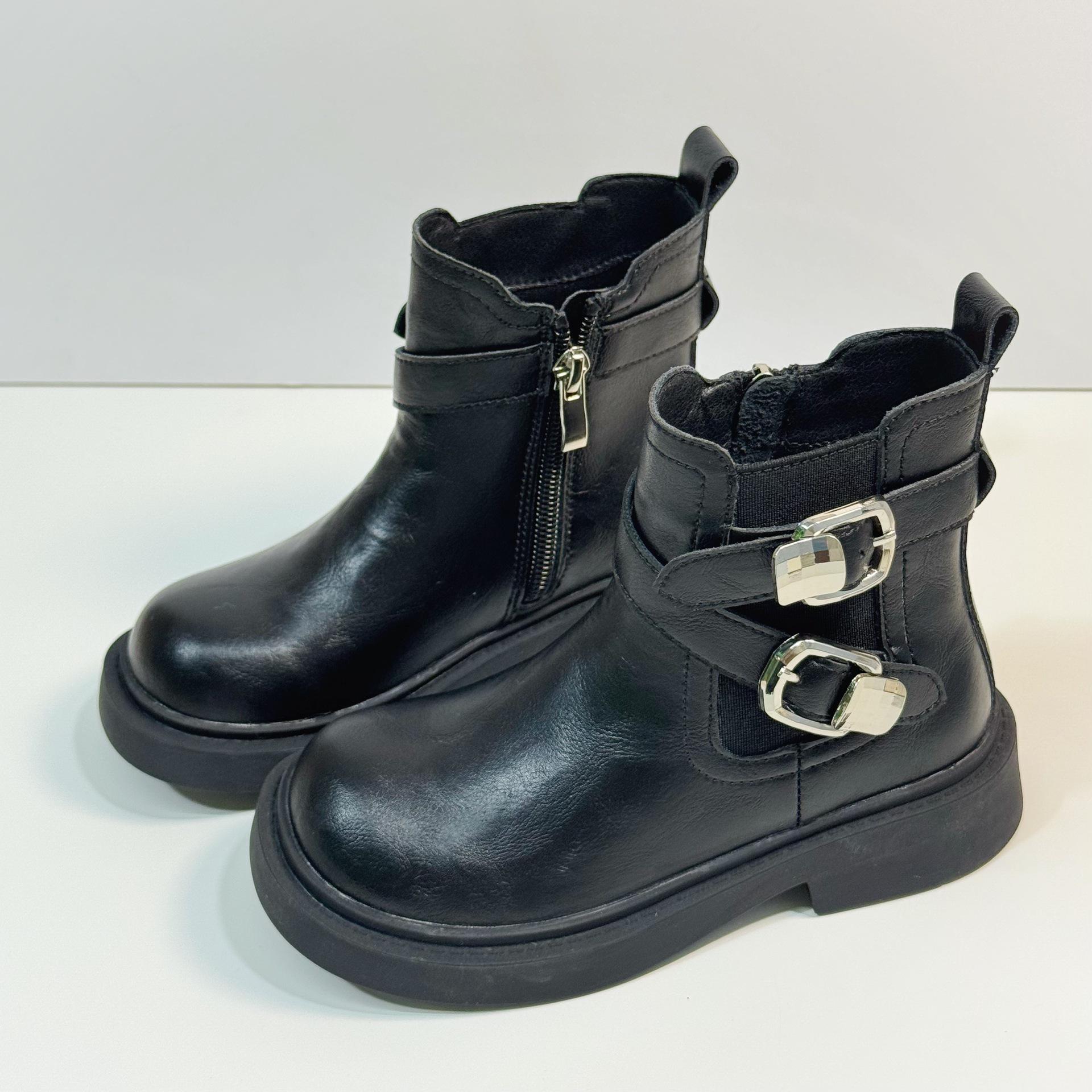 Hua Guo Bao Bei Kids Leather Boots - 2025 Autumn/Winter Double Buckle Velvet Martin Boots 28