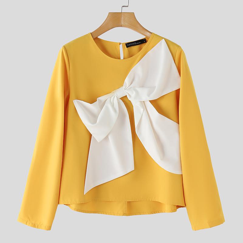 

ZANZEA Женская повседневная блузка с бантиками, пэчворком и длинными рукавами, свободного кроя S жёлтый