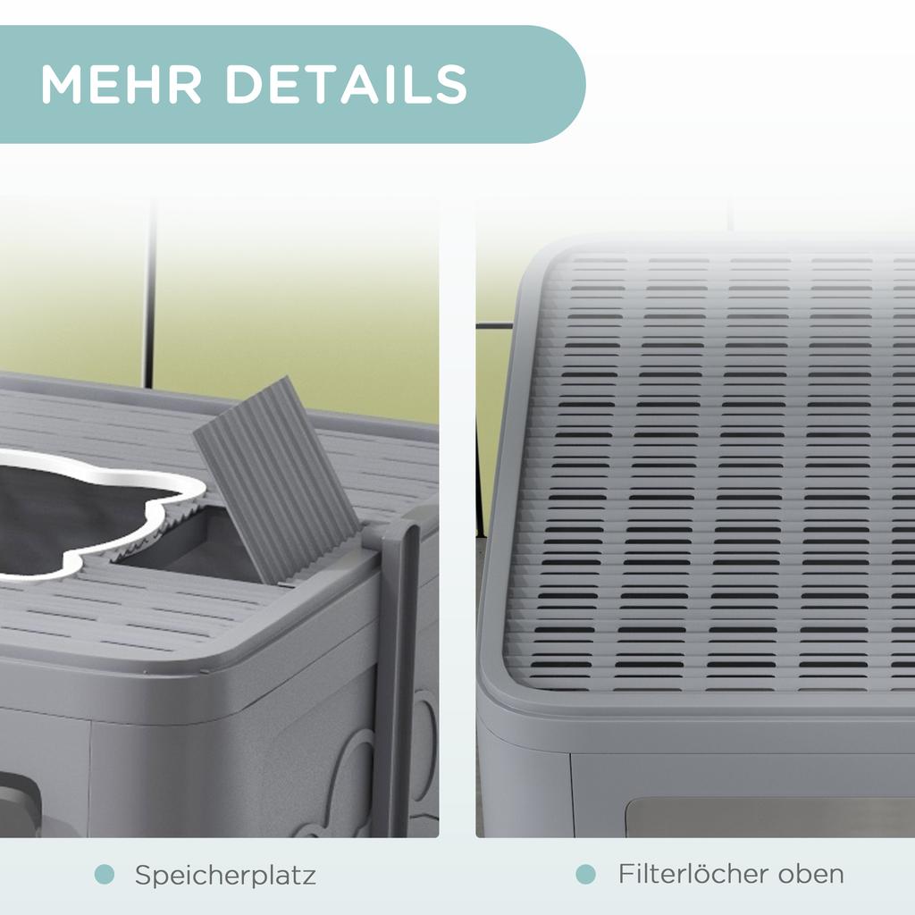 Enclosed Cat Litter Box with Lid, Front Entry, Top Exit, Drawer, Tray, Scoop, Brush, 48.5 X 38 X 36.5cm - Grey