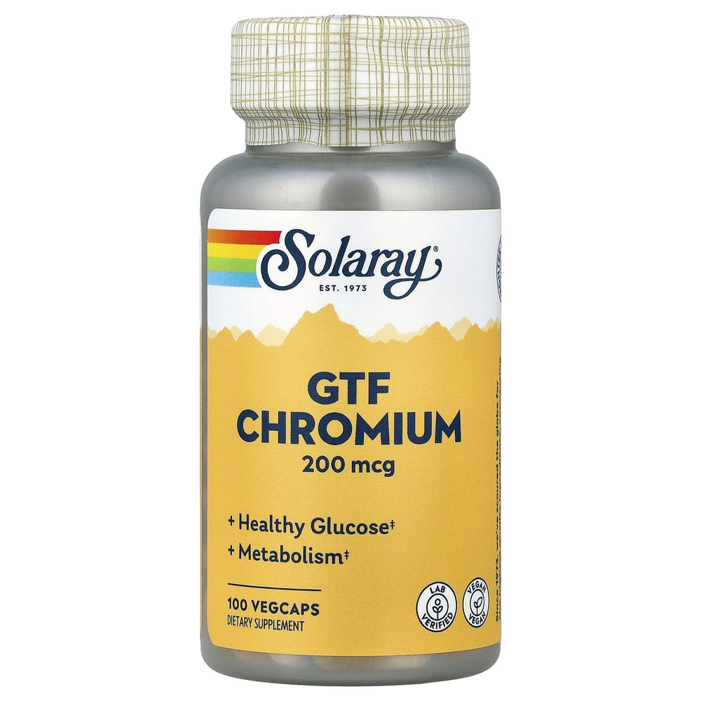 Solaray GTF Chromium 200mcg Veggie Capsules, 100 Count