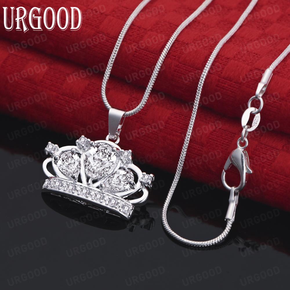 

925 Sterling Silver AAA Zircon Crown Pendant Necklace Fashion Wedding Jewelry 45CM