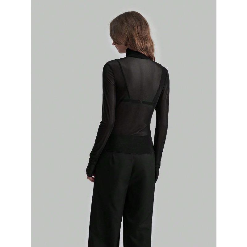 DAFIFY Women's Fashion Casual Spring Autumn Solid Color Print Long Sleeve High Neck Blouses & Shirts