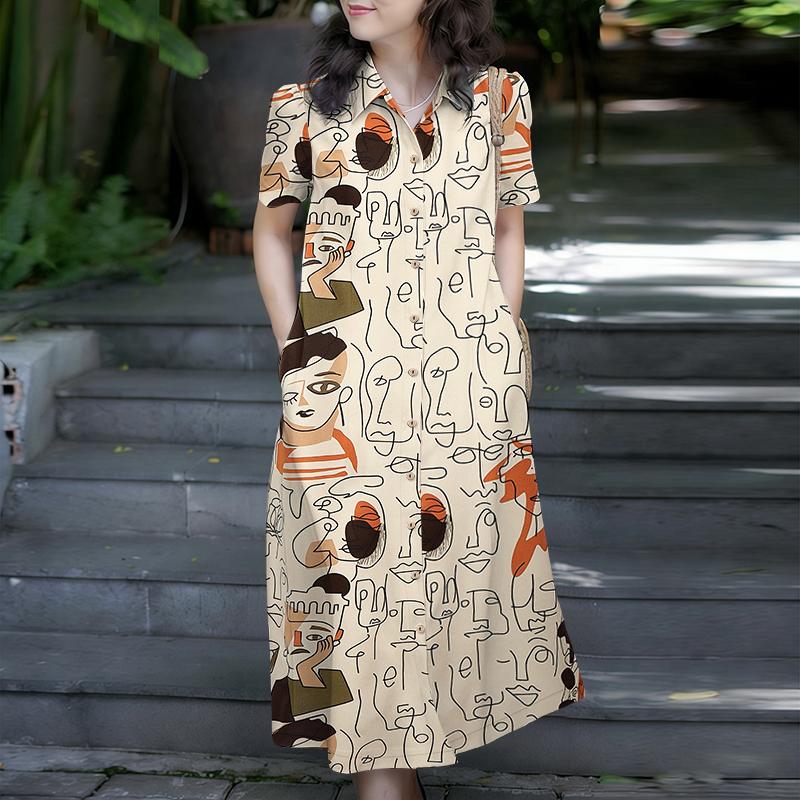ZANZEA Women Casual Turn Down Collar Short Sleeve Print Dress