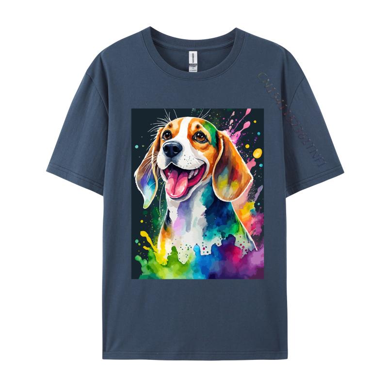 Beagle Dog Art Splash Colorful T Shirt Mens Pure Cotton Cute Style TShirts Crew Neck Tees Clothing Streetwear