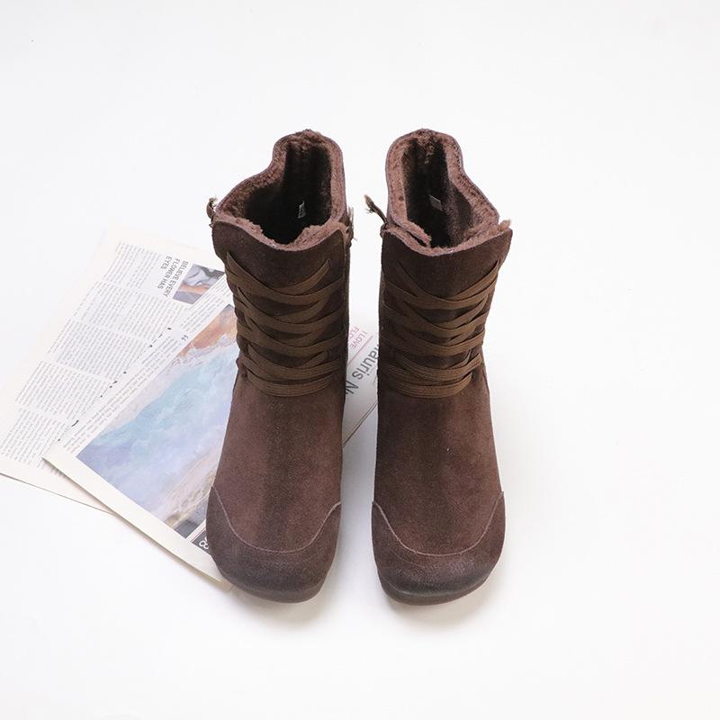 Johnature Plush Cow Suede Plush Women's Mid-calf Boots Retro Lace-up Warm Flat Bottom Snow Boots