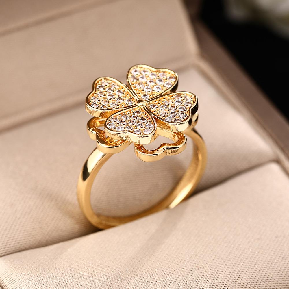 Exquisite Shining Full of Zircon Four-leaf Flower Rotatable Stainless Steel Adjustable Opening Rings for Women Designer Jewelry resizable