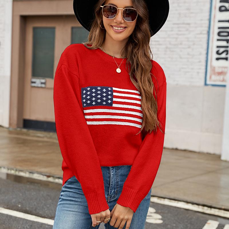 2025 Autumn/Winter Women's European and American Flag Round Neck Fashion Sweater for Easter & Independence Day
