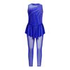 Girls Gymnastics Jumpsuit Shiny Rhinestones Sleeveless Keyhole Back Full Length Skirted Bodysuit
