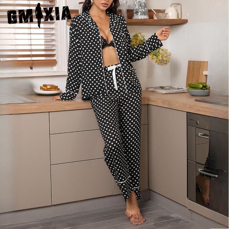 

GMXIA Homewear Autumn and Winter Polka Dot Cardigan Long-sleeved Pajamas Women s Suit XL чёрный