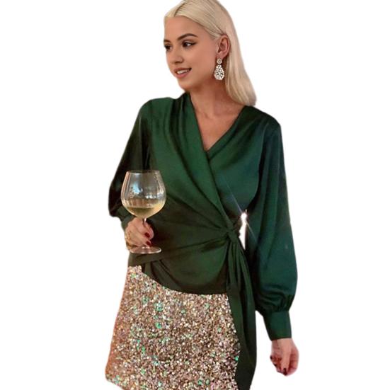

Женская рубашка с V-образным вырезом, боковая шнуровка, фонарь, длинный рукав, пуловер, топы, однотонный цвет S темно-зеленого