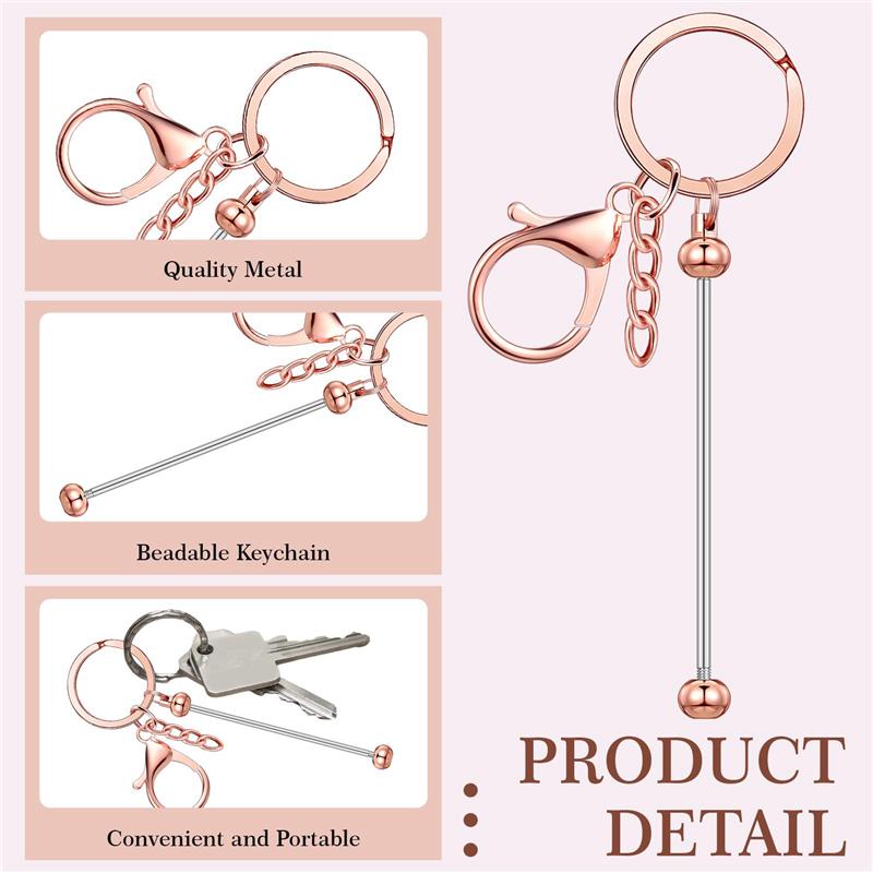 M-Modern-12 Pcs Beadable Keychain Bars For Beads Blank Keychain Beaded Keychain For Keychain DIY Projects Pendant Rose Gold Easy