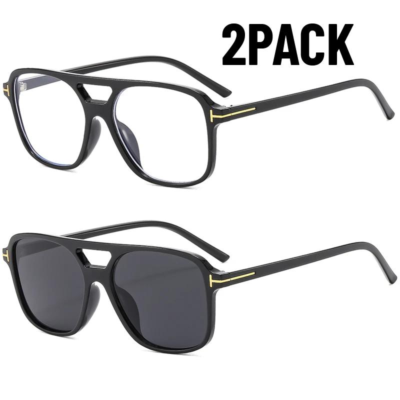 2PACK Latest Lunettes de Soleil Homme Monture Large Classique Lunettes Femme Classiques Style Classique Double Ponts Lunettes Femme Sports d'Extérieur Protection UV400
