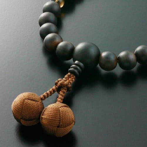 Men's Buddhist Prayer Beads by Kyoto Butsudan Hayashi, Pure Silk Braided String with Ebony (Unpolished) and Two Heavenly Tea Crystals (Includes Prayer