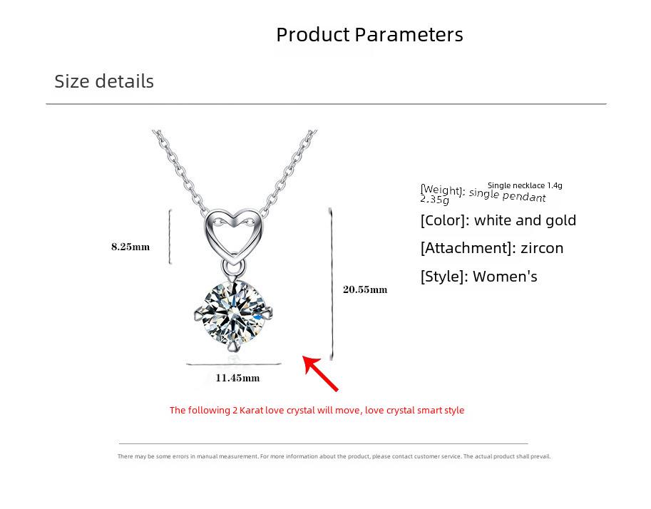 Women's Heart Necklace with 2 Carat Imitation Moissanite, Featuring 8 Hearts & Arrows, Popular In Japan & Korea, Broadcast-Style Design