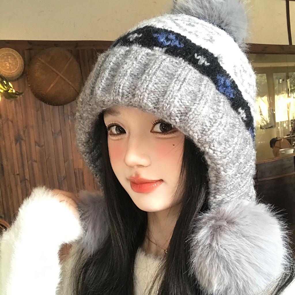 Fair Island Gray Jacquard Hairball Knitted Hat Women's Winter Thickened Warm Ear Protector Hat Small Face Cold Wool Hat