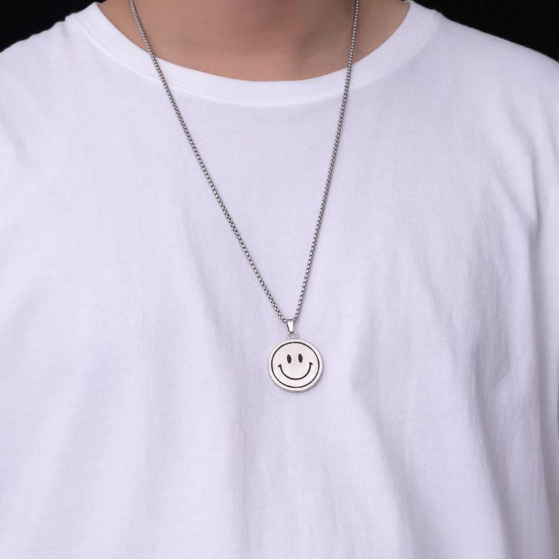 Versatile Smiley Face Double-Sided Rotating Titanium Steel Pendant Necklace for Women - Trendy Hip Hop Sweater Chain