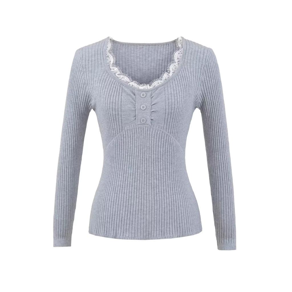 Pure Desire Lace Patchwork V-neck Knitted Sweater for Women's Autumn and Winter New Fitted Long-sleeved Base Layer, High-end Top