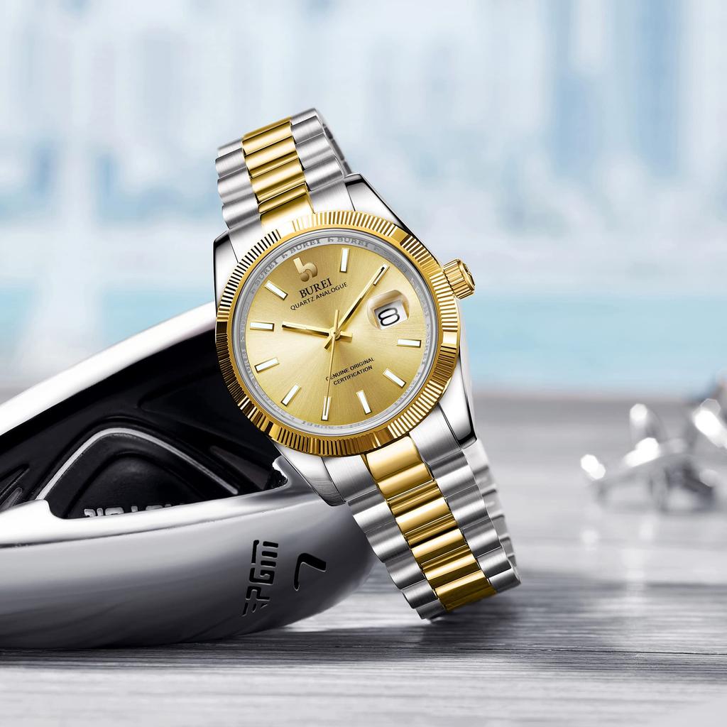 BUREI Men's Waterproof Quartz Analog Watch, Simple and Popular for Business and Fashion, Gold and Silver Luminous Finish, Perfect as a Birthday Gift