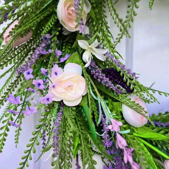 Spring Summer Tulip Wreath for Front Door Artificial Floral Greenery Wreath with Ferns Wildflowers for Indoor Outdoor Porch Wall Farmhouse Wedding