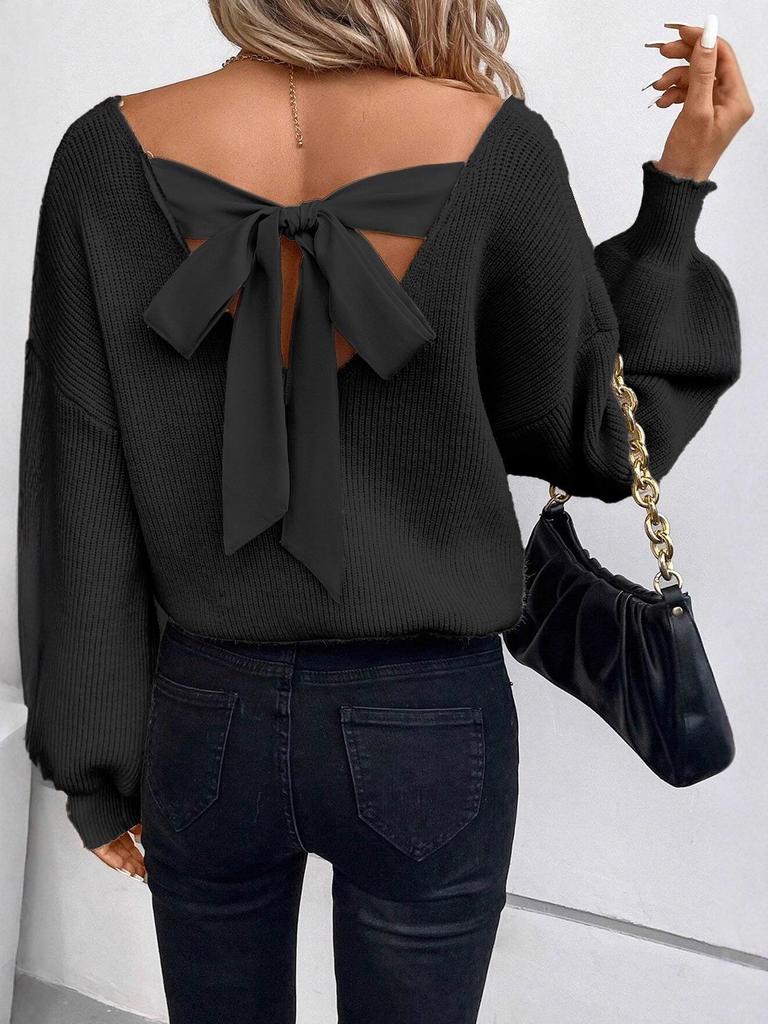 2025 Women's V-neck Pullover Sweater with Bow Back – European & American Winter Collection