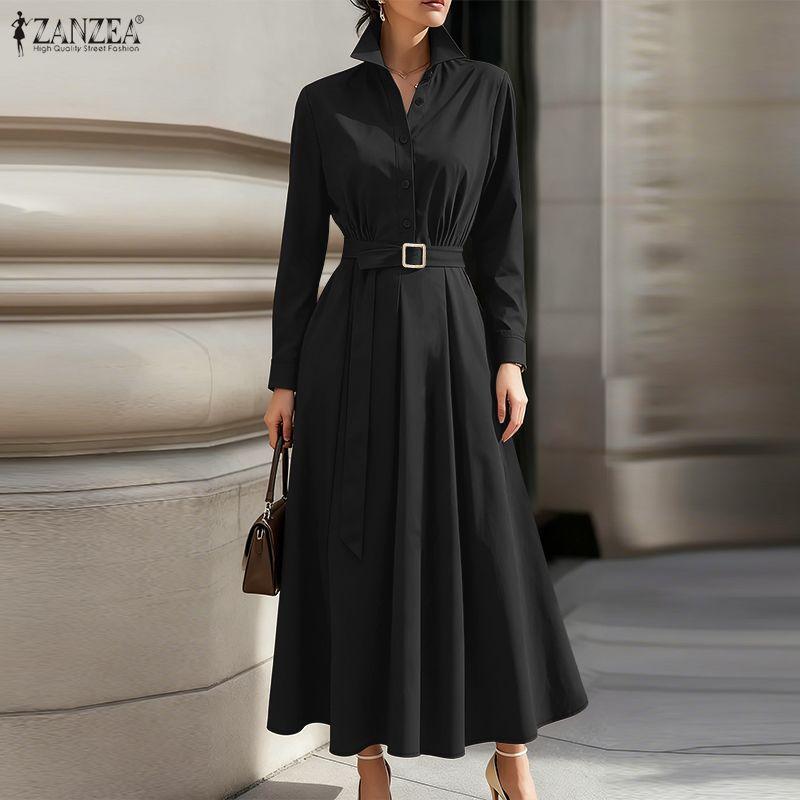 ZANZEA Damen Casual Turn Down Kragen Lose Langarm Shirt Kleid