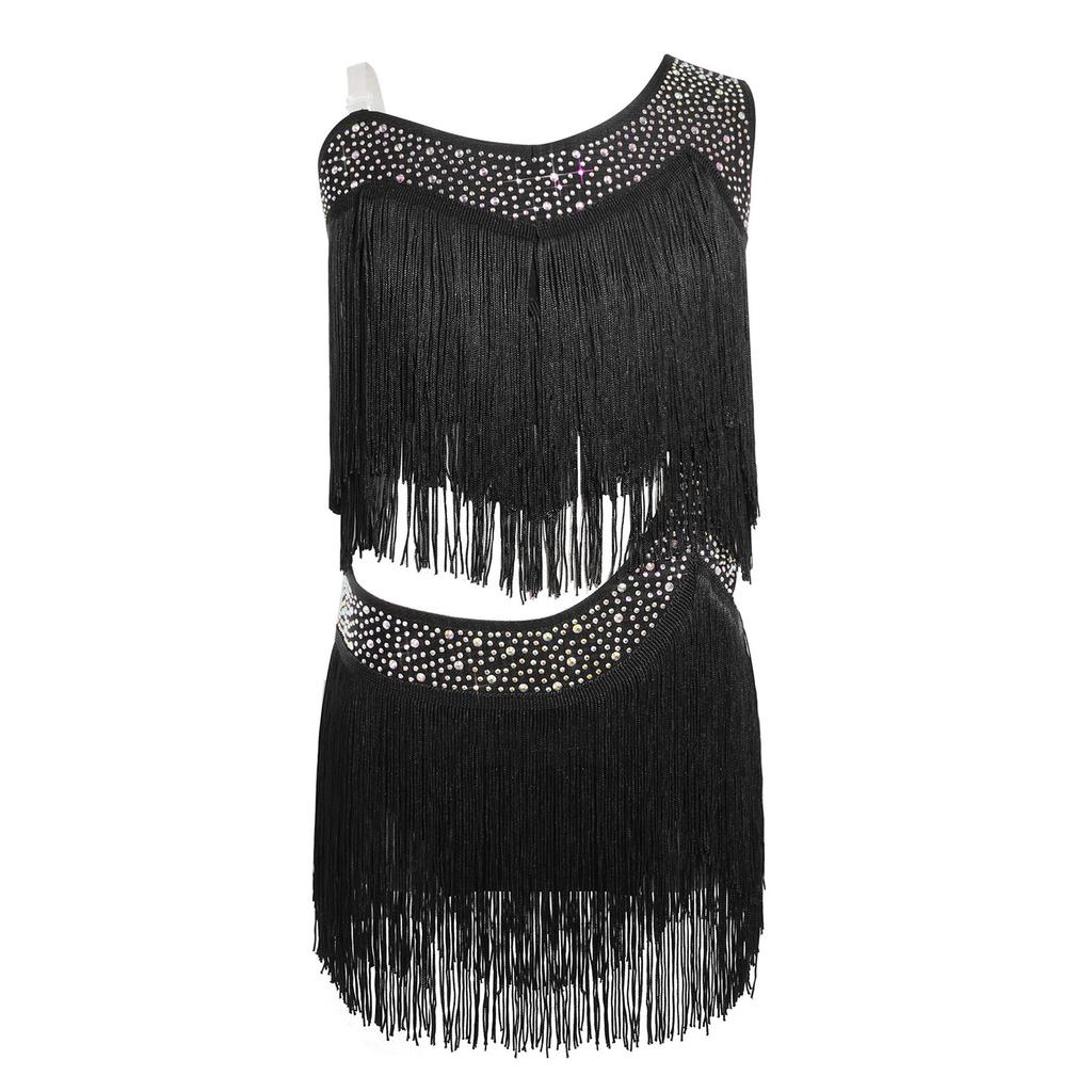 Vestido de Danza Latina para Niñas con Borlas, Flecos Asimétricos, Pedrería Brillante, Recorte, Disfraz para Actuación en Escenario