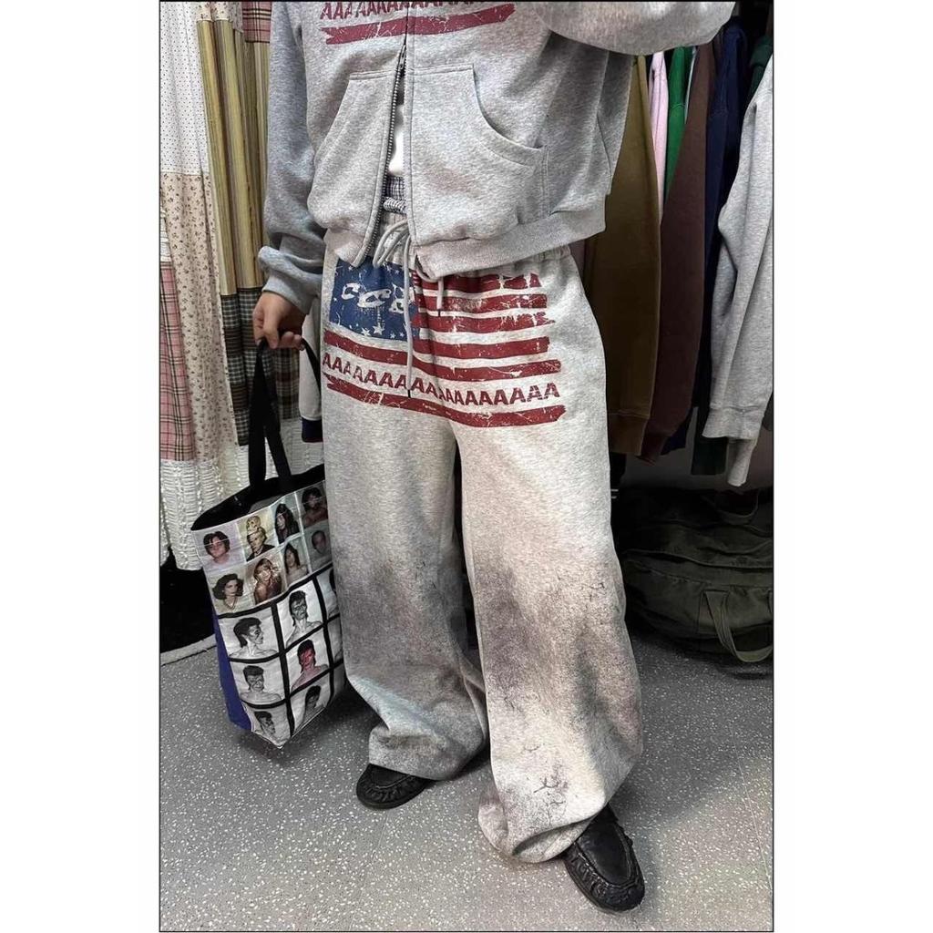 FlowStreet Y2K College American Hip-hop Goth Print Drawstring Wide Leg Sweatpants Loose 90s High Street Sports Trousers Floor Length Pants