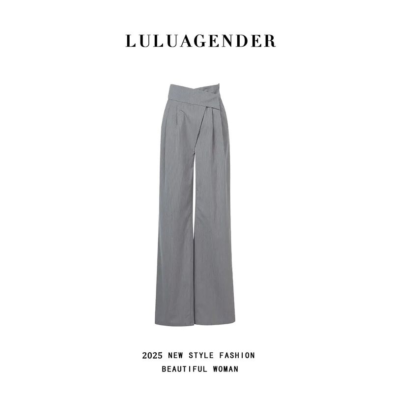 

[in Stock] Lulu Women s Casual Pants Summer 2025 High Waist Slimming Draped Straight Pants with Asymmetrical Design Lazy Pants Gray S