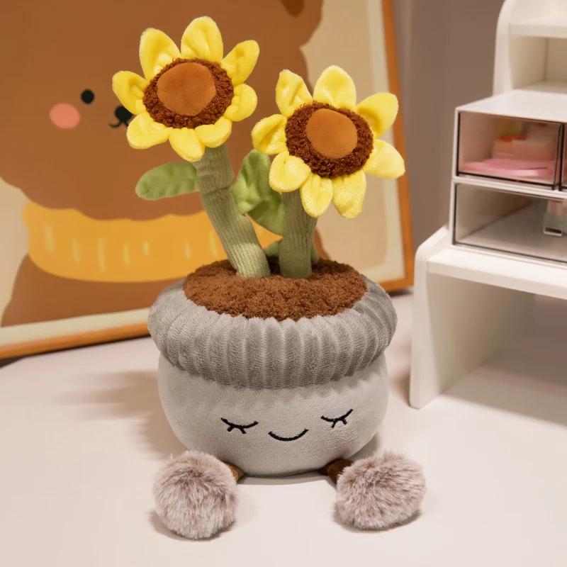 Kawaii Stuffed Plush Plants Lifelike Potted Plant Plush Doll Calla Lily Cactus Little Pink Flower Sunflower Pillow Toy Decor