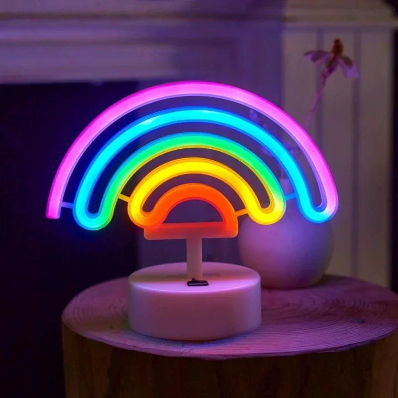 Festoon LED Neon Night Light Sign Flamingo Coconut Tree Cactus Table Lamp Kids Birthday Gifts Room Decoration USB/Battery Power