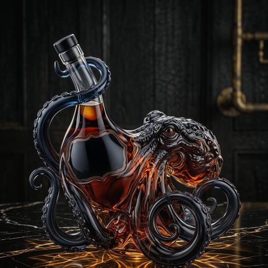 Octopus-Shaped Glass Decanter, 3D Artistic Borosilicate Bottle for Whiskey Wine Soda, 350ml Decorative Liquid Bottle, Unique Bar Decor Gift for