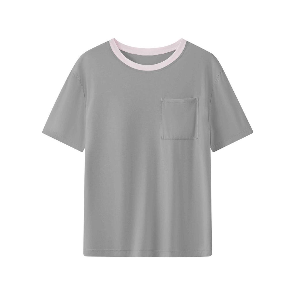 Ice Cloud Cool Feel Color-Blocked Round Neck Short Sleeve Pocket Pajamas with Cups