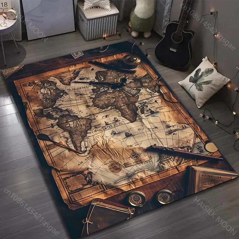 3D HD Vintage Nautical World Map Print Carpet Non-Slip Soft Rug Indoor Floor Mat Decorative Washable Rug for Teens Adult Gifts