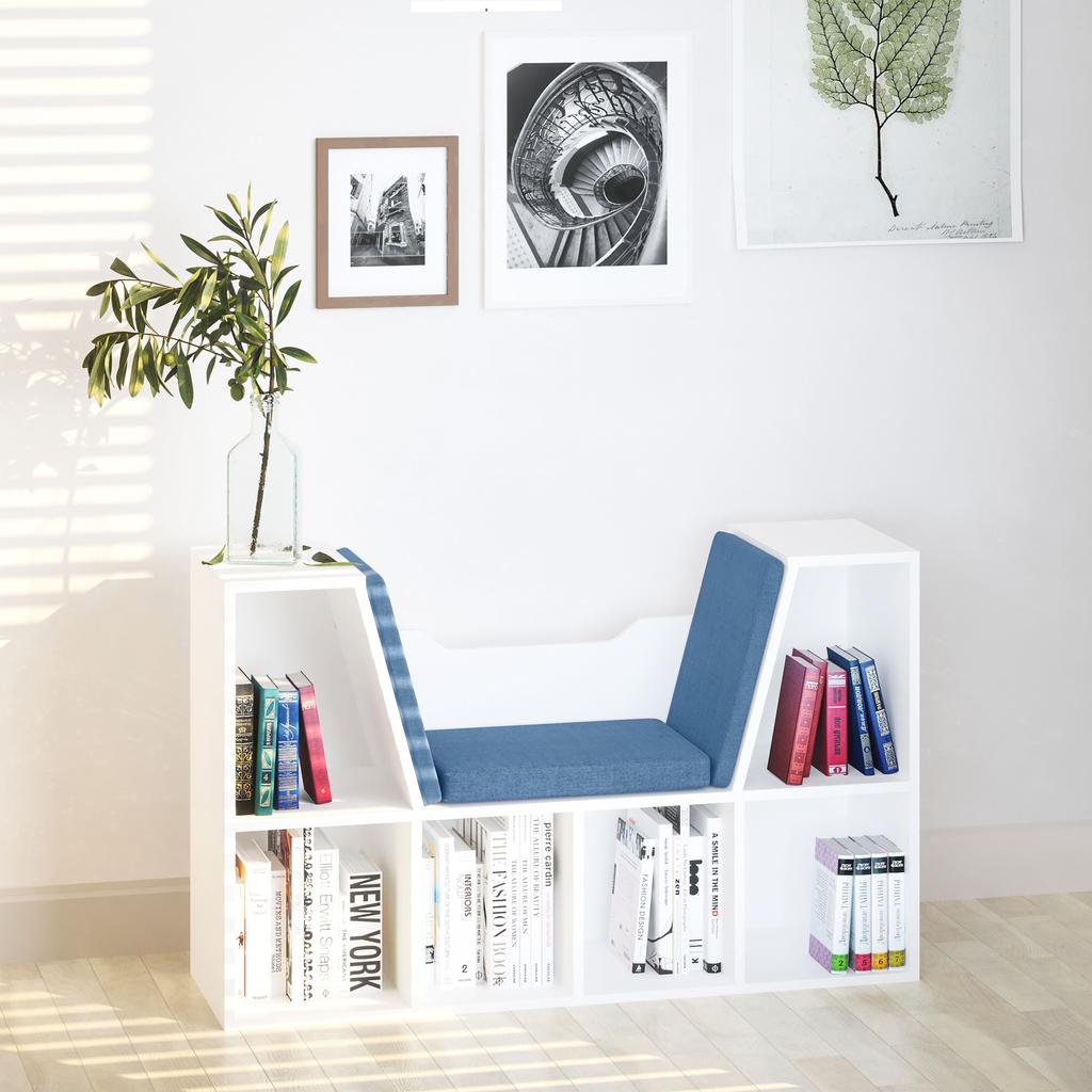 Bookshelf with Seat, 6 Cubes, Cushion, 102 x 30 x 61 cm, White and Blue