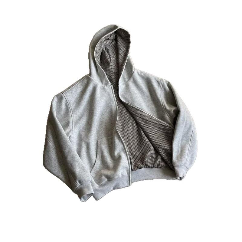 Men’s Reversible Plaid Hooded Zip-Up Sweatshirt – Casual, High-End, Loose Fit for Spring & Autumn