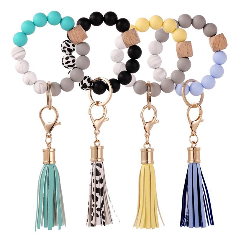 Stock Silicone Beads Elastic Bangle Bracelet Keychain Leather Tassel Silicone Beads Bracelet Wristlet Keychain for Women