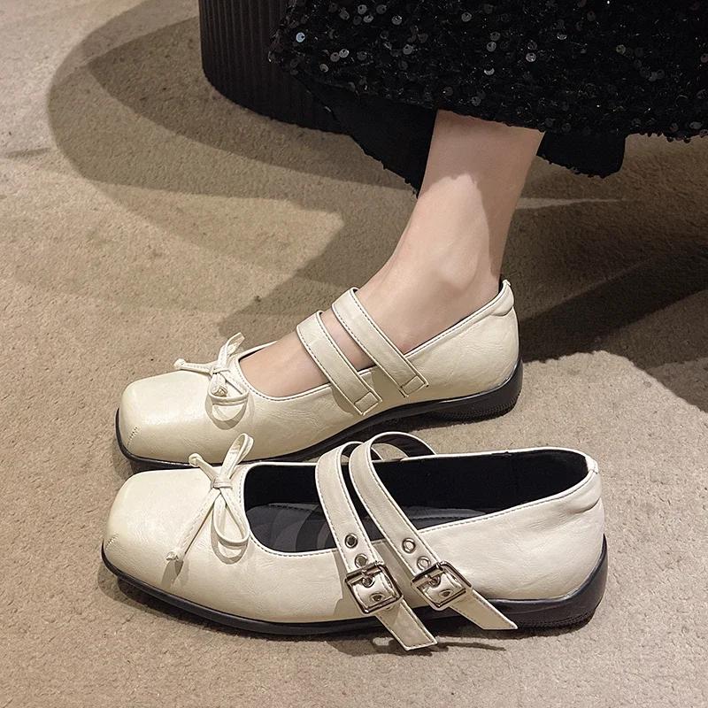 Mode Damenmode Einzelne Schuhe Frühling Neu Quadratische Zehenpartie Flacher Ausschnitt Schmetterlingsknoten Weiche Sohle Rutschfest Verschleißfest Flache Schuhe