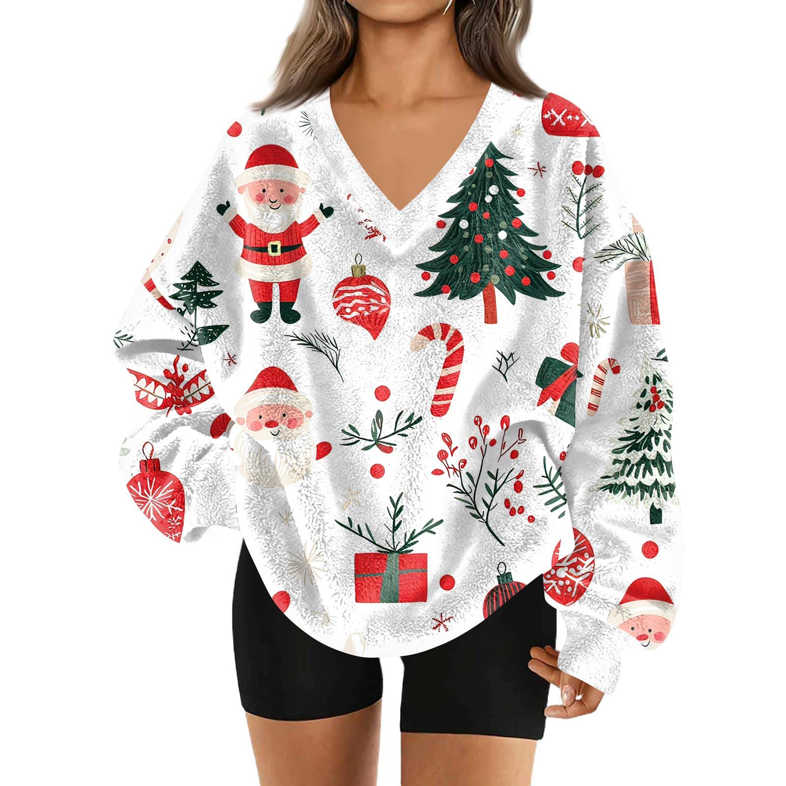 

Женская модная повседневная толстовка с длинным рукавом и V-образным вырезом с рождественским принтом M белый