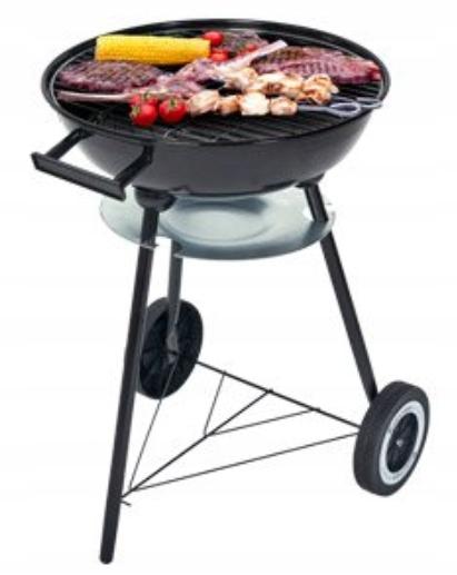 Charcoal kettle grill with shelf, wheels and lid