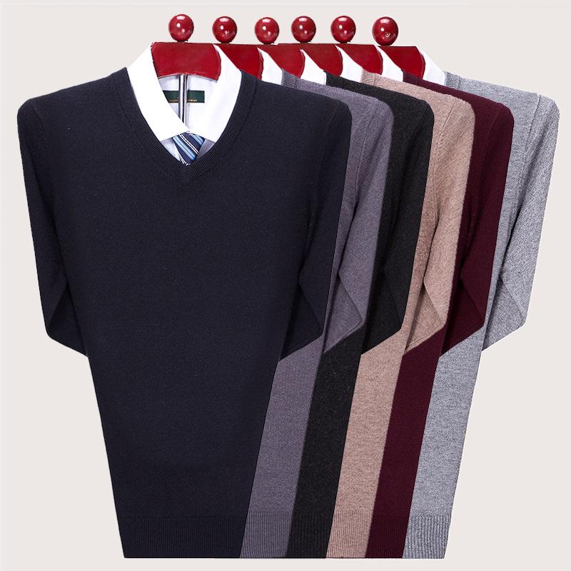 Men's V-Neck Winter Knit Sweater - Middle-Aged Thick & Warm Pullover