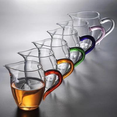 Transparent Glass Pointed Tea Cup Dispenser Heat Resistant Glass Tea Pitcher with Colored Handle Kung Fu Fair Cup Office Teaware
