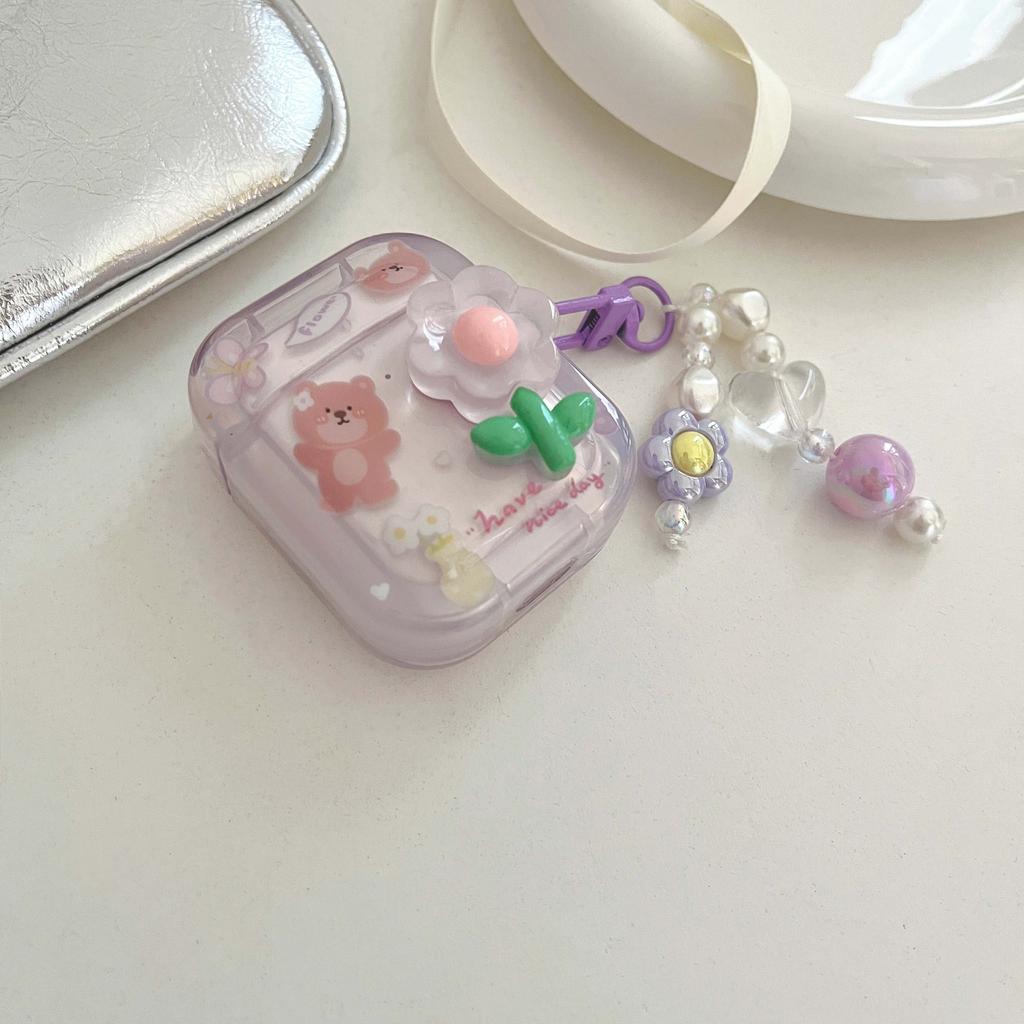 Relif 3d Flower Cute Bear Butterfly Ins Key Chain Cartoon Imd Earphone Case For Apple Airpod 1 2 Pro 3 2nd Charging Box Capa