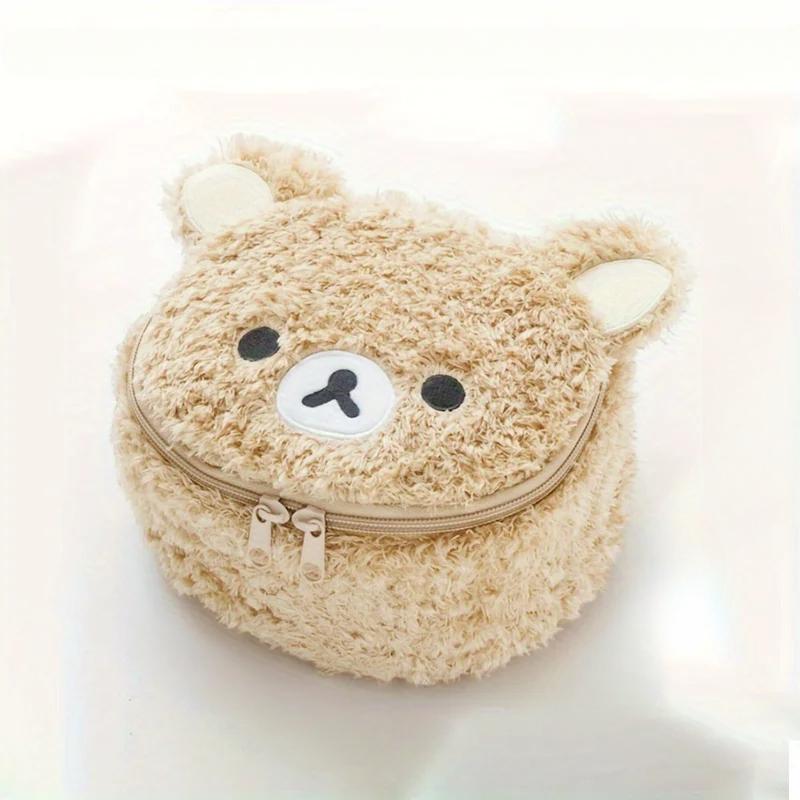 

Милая плюшевая косметичка с медведем, переносная сумка для хранения туалетных принадлежностей, подъемная ручка, застежка-молния, внутренняя сетчатая сумка из промежуточного слоя бежевый