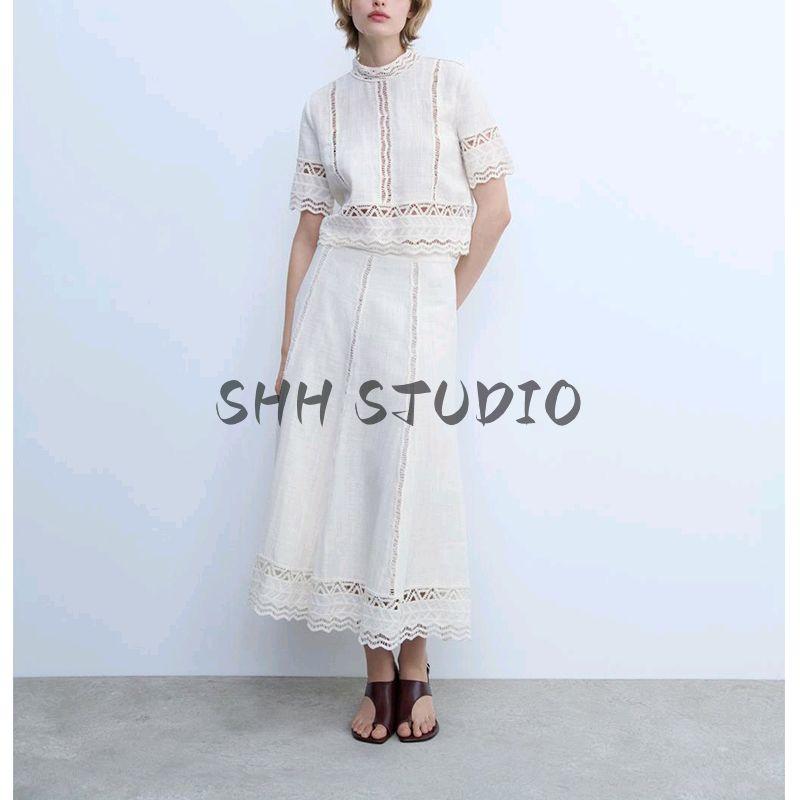 Women's Stand Collar Crocheted Detail Short Sleeve Shirt 2731043 Crocheted All-Matching Comfortable Skirt 2731044